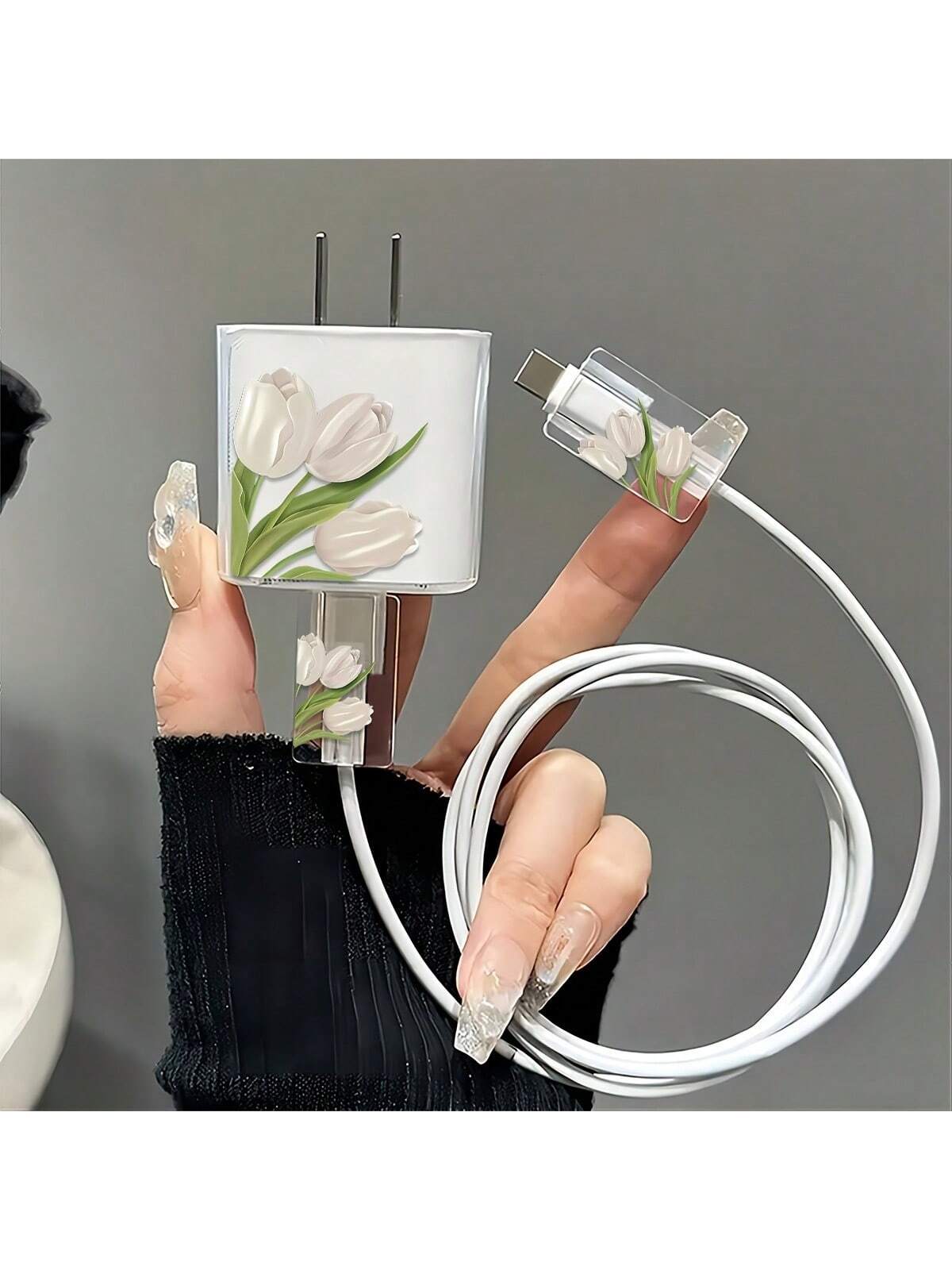 Compatible With 16 Pro Max Daisy Apple Charger Protector Case, High-End 15 Pro 30W Fast Charging Adapter Head Protective Cover, Lovely 13 Data Cable Winding Rope Anti-Breaking Compatible With IPhone 1