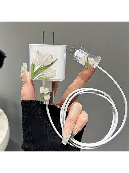 Compatible With 16 Pro Max Daisy Apple Charger Protector Case, High-End 15 Pro 30W Fast Charging Adapter Head Protective Cover, Lovely 13 Data Cable Winding Rope Anti-Breaking Compatible With IPhone 1