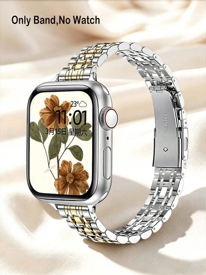 Compatible With Apple Watch Ultra 3/2/1 Series SE/S11/S10/S9/S8/S7/S5/S4/S3/S2/S1, 1pc Narrow 7-Bead Stainless Steel Watch Band, Creative Women's Elegant Fashion Metal Gold And Silver Watch Band, 14mm