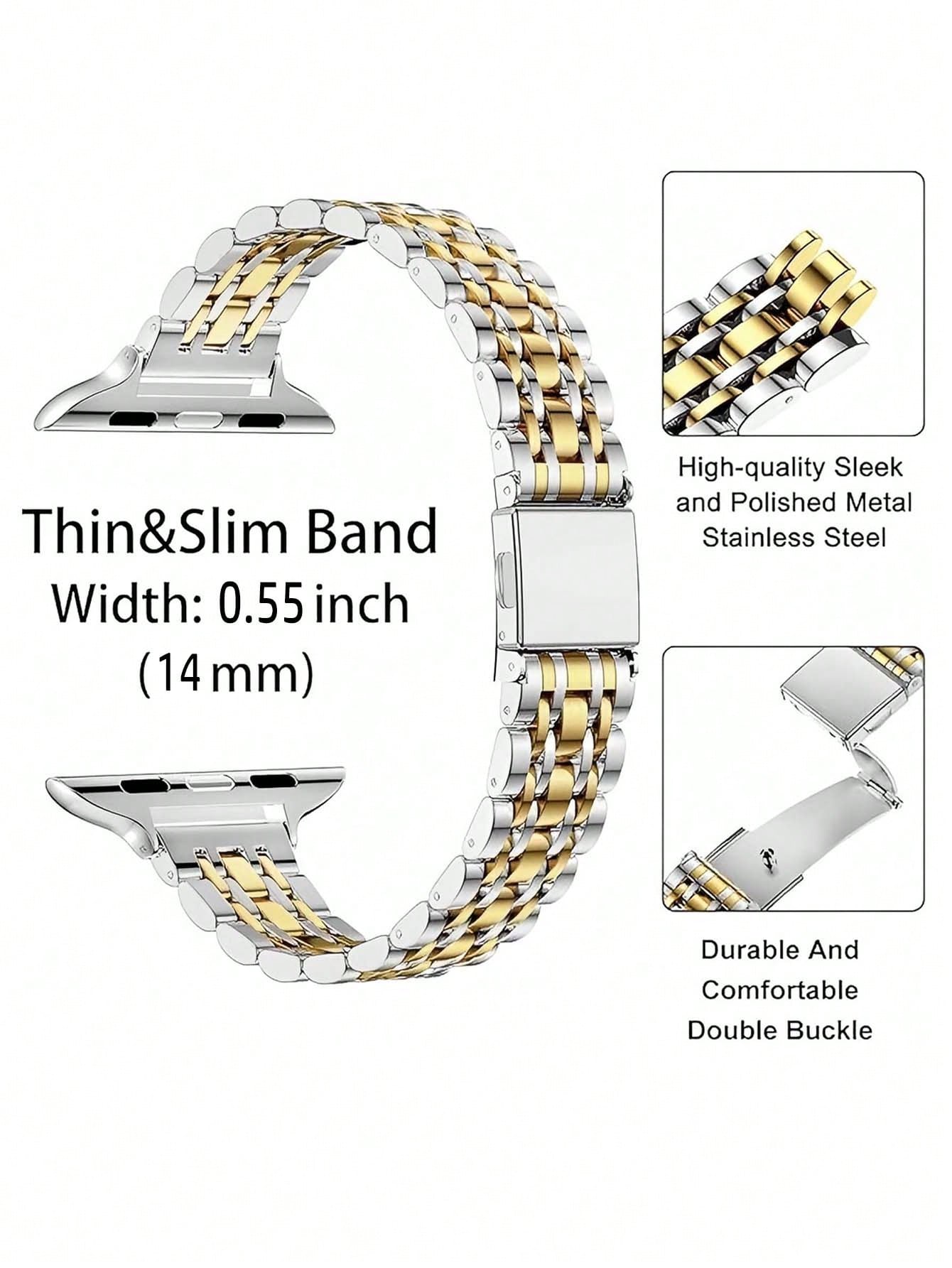 Compatible With Apple Watch Ultra 3/2/1 Series SE/S11/S10/S9/S8/S7/S5/S4/S3/S2/S1, 1pc Narrow 7-Bead Stainless Steel Watch Band, Creative Women's Elegant Fashion Metal Gold And Silver Watch Band, 14mm