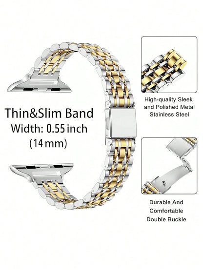 Compatible With Apple Watch Ultra 3/2/1 Series SE/S11/S10/S9/S8/S7/S5/S4/S3/S2/S1, 1pc Narrow 7-Bead Stainless Steel Watch Band, Creative Women's Elegant Fashion Metal Gold And Silver Watch Band, 14mm