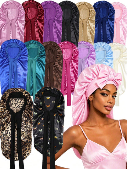 CONFLASS 2/1pc Long Leopard Print Bowknot Satin Solid Color Long Tube Hair Bonnet, Anti-Frizz Sleep Cap, Oversized Sleep Cap, Adjustable For Curly, Braided And Long Hair, Suitable For Daily Use And Ma