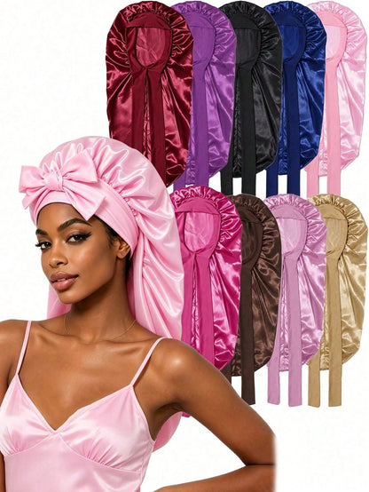CONFLASS 2/1pc Long Leopard Print Bowknot Satin Solid Color Long Tube Hair Bonnet, Anti-Frizz Sleep Cap, Oversized Sleep Cap, Adjustable For Curly, Braided And Long Hair, Suitable For Daily Use And Ma