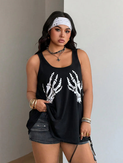 Coolane Women's Plus Size Summer Goth Black And White Skeleton Hand Tank Tops,Everyday Streetwear Rave Music Festival Halloween Chic Punk Y2K