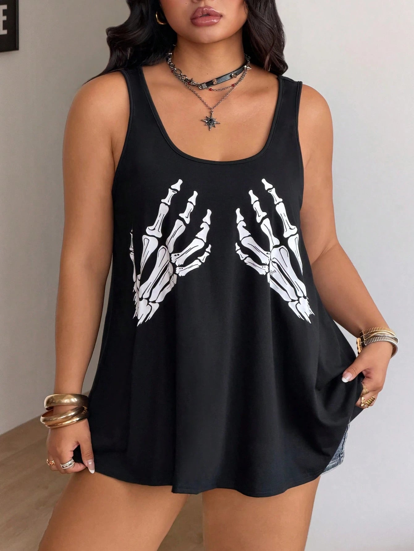 Coolane Women's Plus Size Summer Goth Black And White Skeleton Hand Tank Tops,Everyday Streetwear Rave Music Festival Halloween Chic Punk Y2K