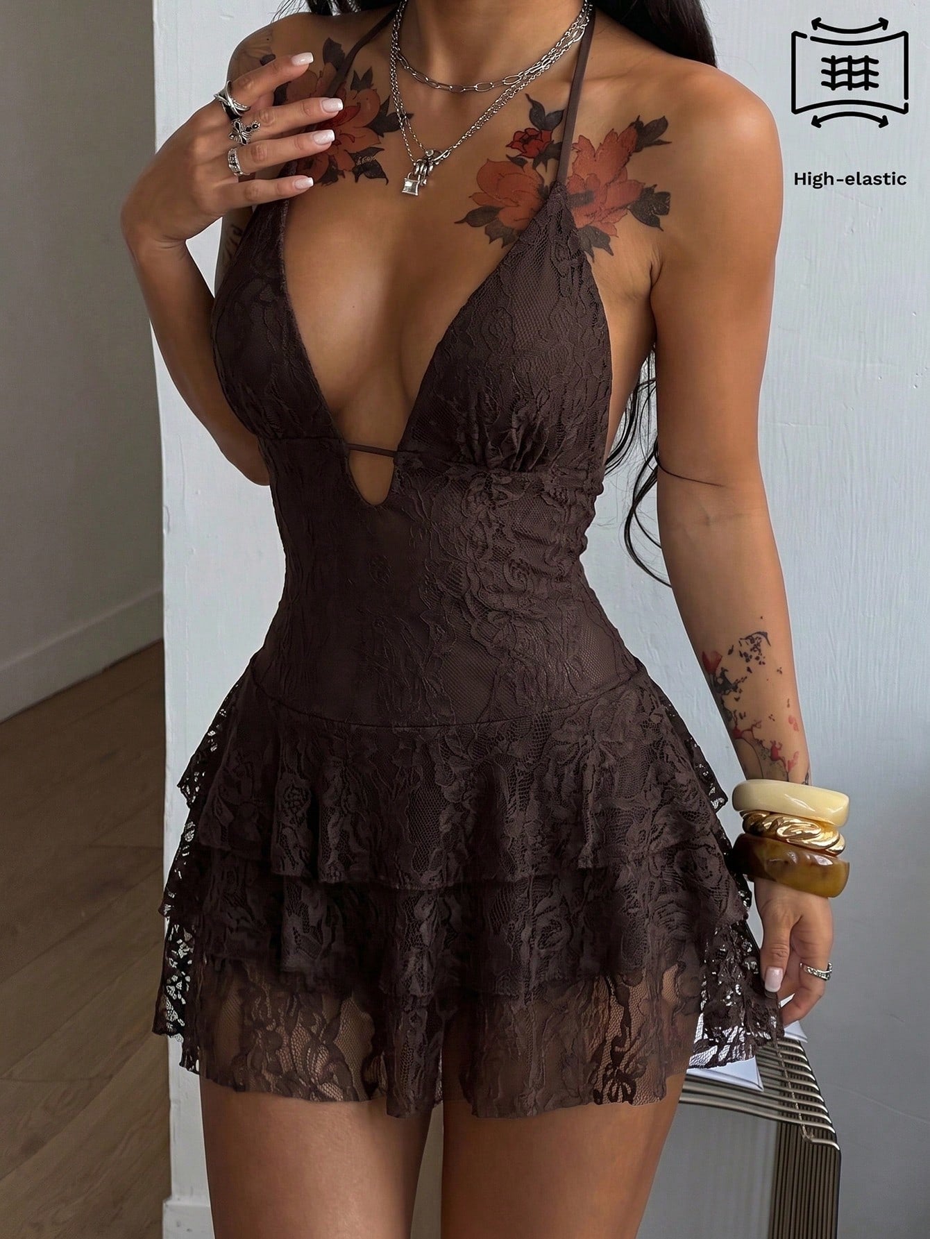 Coolane Women's Summer Sexy Bandage Vacation Casual Party Club Night Out Music Festival Lace Shades Of Brown Floral Deep V-Neck Ruffle Hem Halter Mini Dress