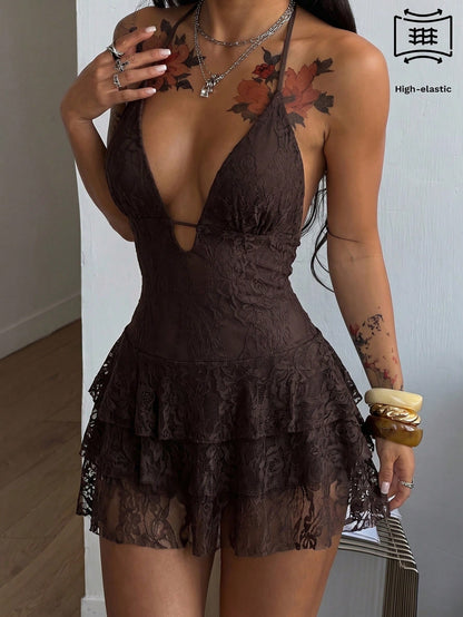 Coolane Women's Summer Sexy Bandage Vacation Casual Party Club Night Out Music Festival Lace Shades Of Brown Floral Deep V-Neck Ruffle Hem Halter Mini Dress
