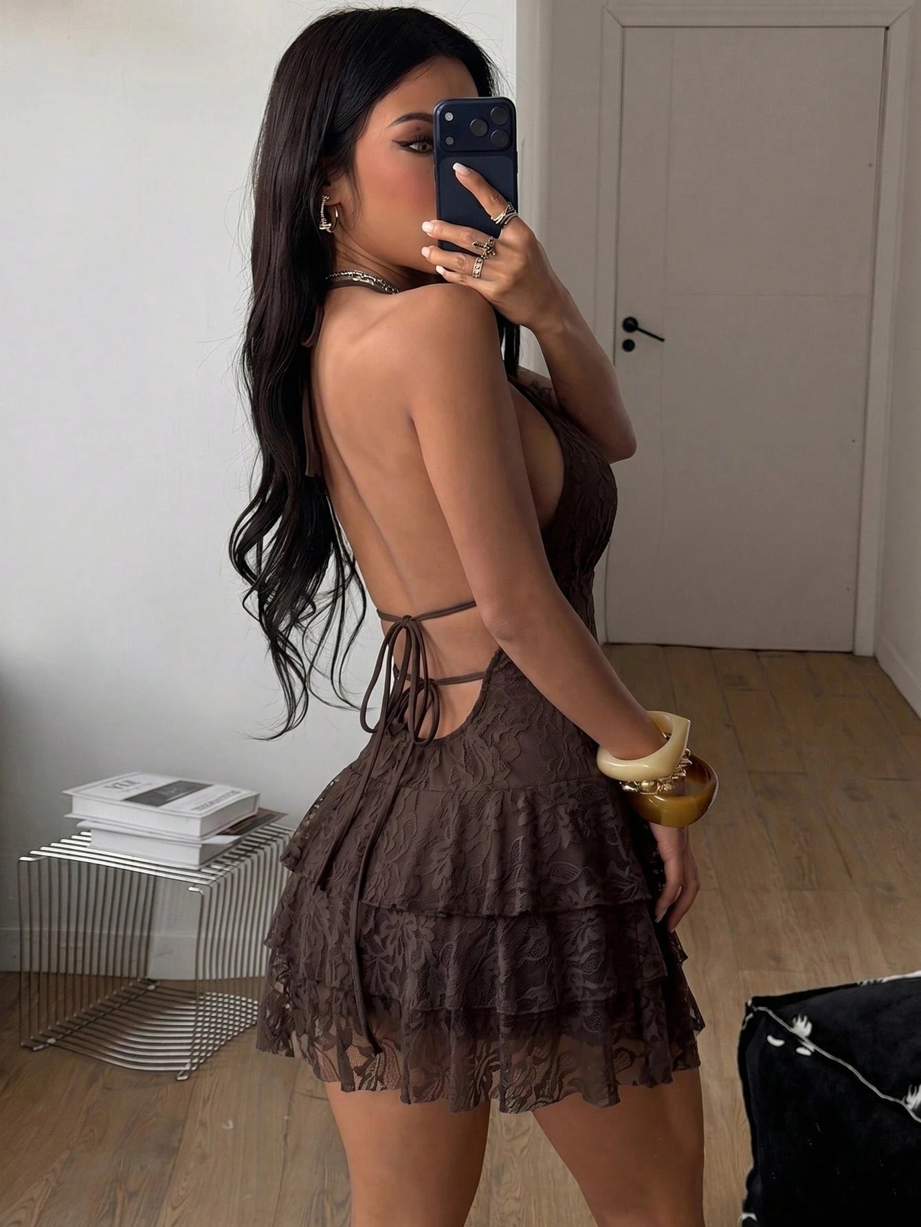 Coolane Women's Summer Sexy Bandage Vacation Casual Party Club Night Out Music Festival Lace Shades Of Brown Floral Deep V-Neck Ruffle Hem Halter Mini Dress