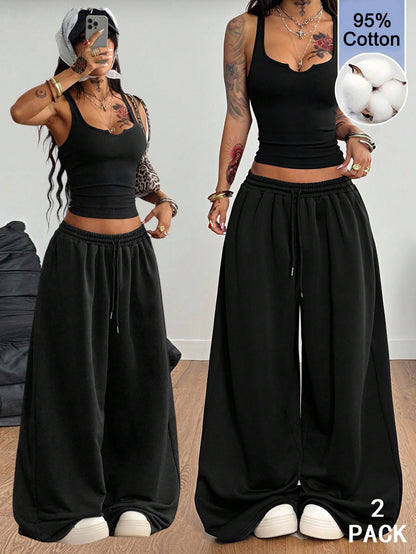 Coolane Women's Summer Streetwear Sexy Y2k Casual Daily Wear Golf Dance Travel Gyaru Cotton Pastal Stretchy Vest And Baggy Low Rise Pants Two Pieces Outfits