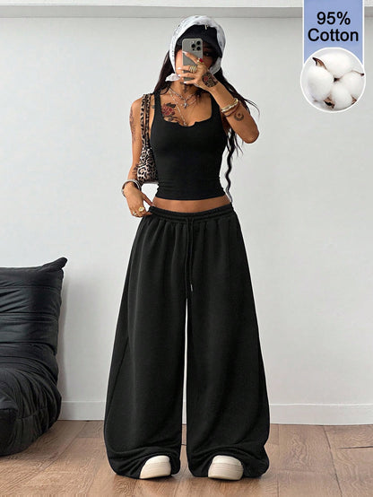 Coolane Women's Summer Streetwear Sexy Y2k Casual Daily Wear Golf Dance Travel Gyaru Cotton Pastal Stretchy Vest And Baggy Low Rise Pants Two Pieces Outfits