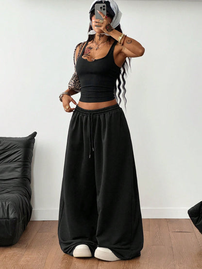 Coolane Women's Summer Streetwear Sexy Y2k Casual Daily Wear Golf Dance Travel Gyaru Cotton Pastal Stretchy Vest And Baggy Low Rise Pants Two Pieces Outfits
