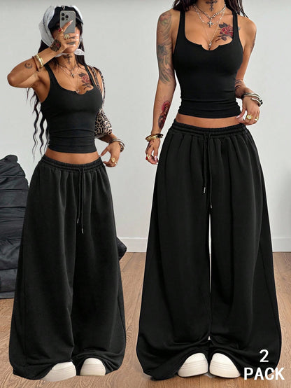 Coolane Women's Summer Streetwear Sexy Y2k Casual Daily Wear Golf Dance Travel Gyaru Cotton Pastal Stretchy Vest And Baggy Low Rise Pants Two Pieces Outfits