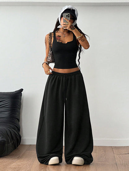 Coolane Women's Summer Streetwear Sexy Y2k Casual Daily Wear Golf Dance Travel Gyaru Cotton Pastal Stretchy Vest And Baggy Low Rise Pants Two Pieces Outfits