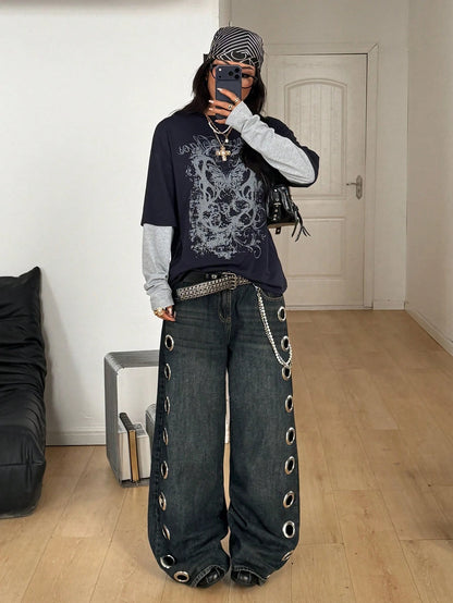 Coolane Women's Winter/Fall Streetwear Casual Hippie Preppy Grunge Punk Goth Cotton Graphics Oversized Long Sleeve T-Shirt