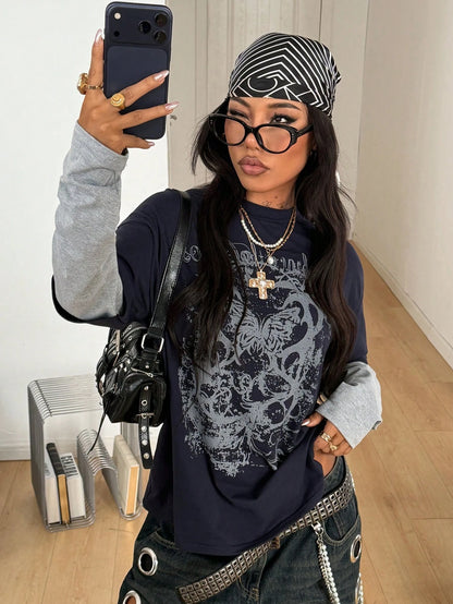 Coolane Women's Winter/Fall Streetwear Casual Hippie Preppy Grunge Punk Goth Cotton Graphics Oversized Long Sleeve T-Shirt