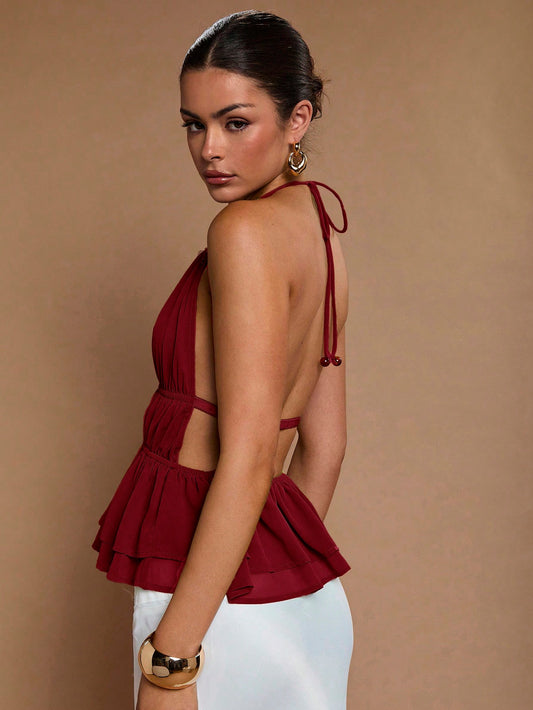 COSMINA Women's Solid Color Pleated Double Layer Ruffle Hem Deep V Sexy Halter Neck Tank Top