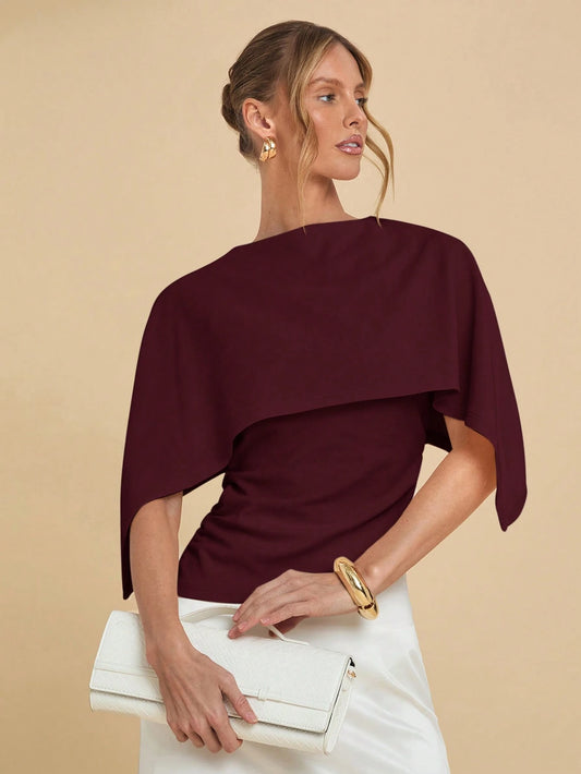 COSMINA Women's Solid Color Round Neck Batwing Sleeve Elegant Fashion Blouse
