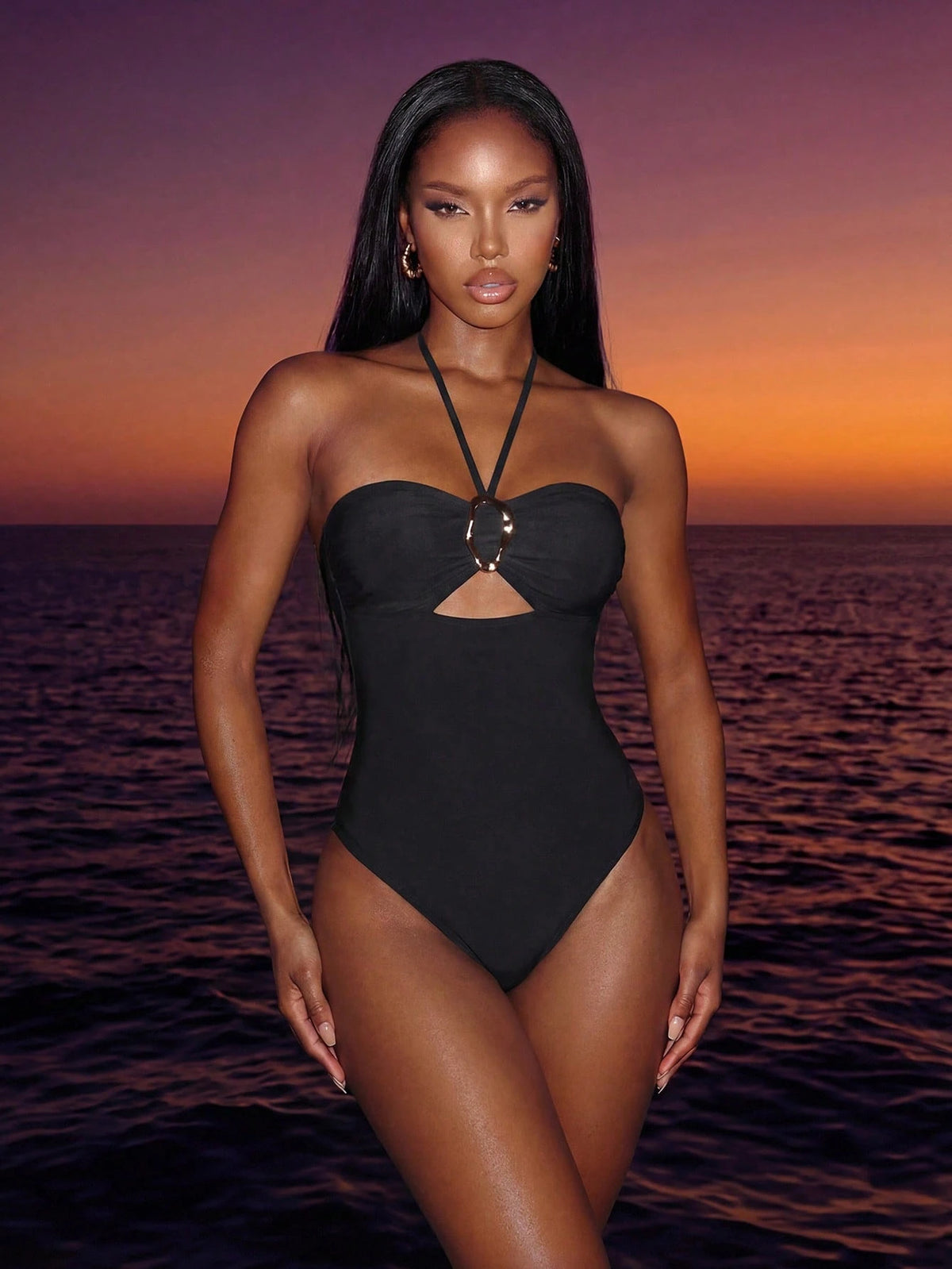 Costavie 2026 Spring/Summer Random Black & Brown Leopard Print Fitted Gold Asymmetric Decor Spaghetti Strap One-Piece Bikini Swimwear