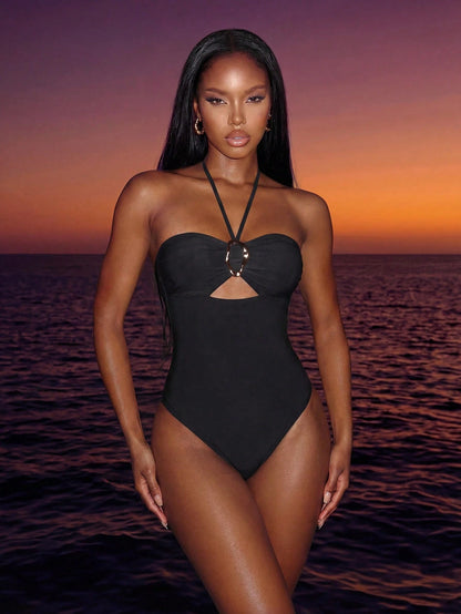 Costavie 2026 Spring/Summer Random Black & Brown Leopard Print Fitted Gold Asymmetric Decor Spaghetti Strap One-Piece Bikini Swimwear
