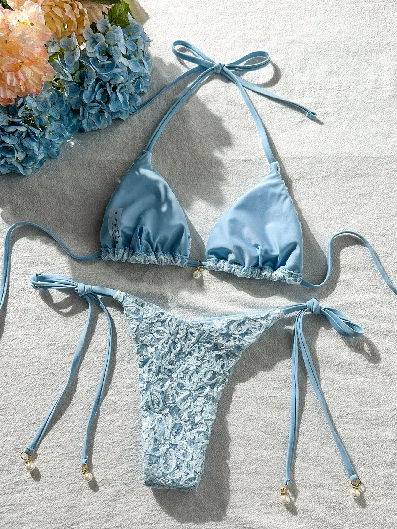 Costavie Basics 2pcs Spring/Summer Beach Vacation Sequin Textured Fabric Pearl Decor Halter Triangle Bikini Top And Side Tie Bikini Bottom Sexy Bikini Set