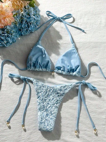 Costavie Basics 2pcs Spring/Summer Beach Vacation Sequin Textured Fabric Pearl Decor Halter Triangle Bikini Top And Side Tie Bikini Bottom Sexy Bikini Set