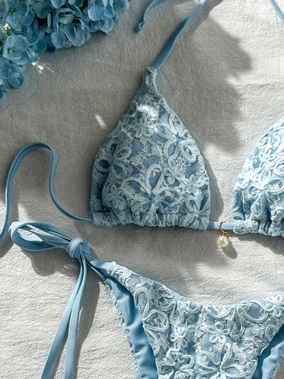Costavie Basics 2pcs Spring/Summer Beach Vacation Sequin Textured Fabric Pearl Decor Halter Triangle Bikini Top And Side Tie Bikini Bottom Sexy Bikini Set