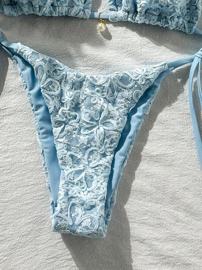 Costavie Basics 2pcs Spring/Summer Beach Vacation Sequin Textured Fabric Pearl Decor Halter Triangle Bikini Top And Side Tie Bikini Bottom Sexy Bikini Set