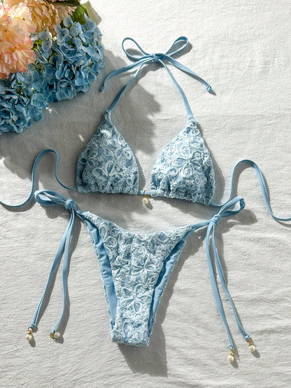 Costavie Basics 2pcs Spring/Summer Beach Vacation Sequin Textured Fabric Pearl Decor Halter Triangle Bikini Top And Side Tie Bikini Bottom Sexy Bikini Set