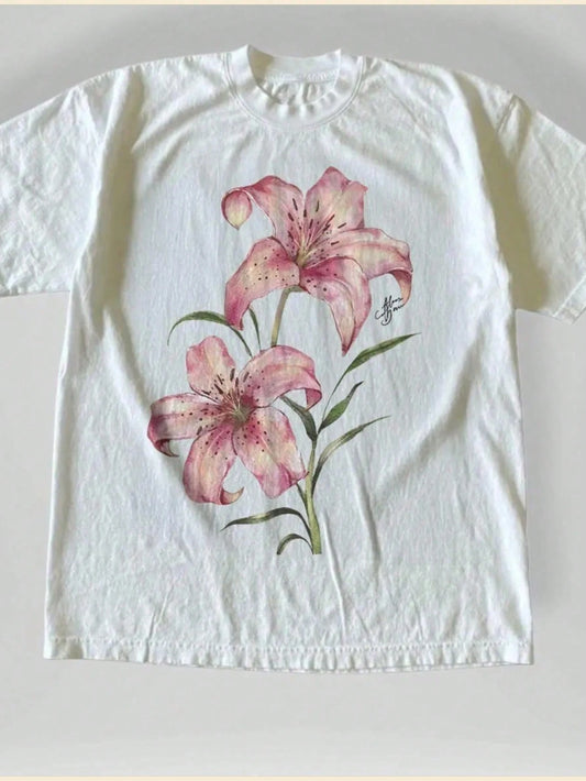 % Cotton Women Summer Top Pink Lily Floral Print Shirt Nature Inspired Soft Cotton Casual Wear Fashion Statement Piece