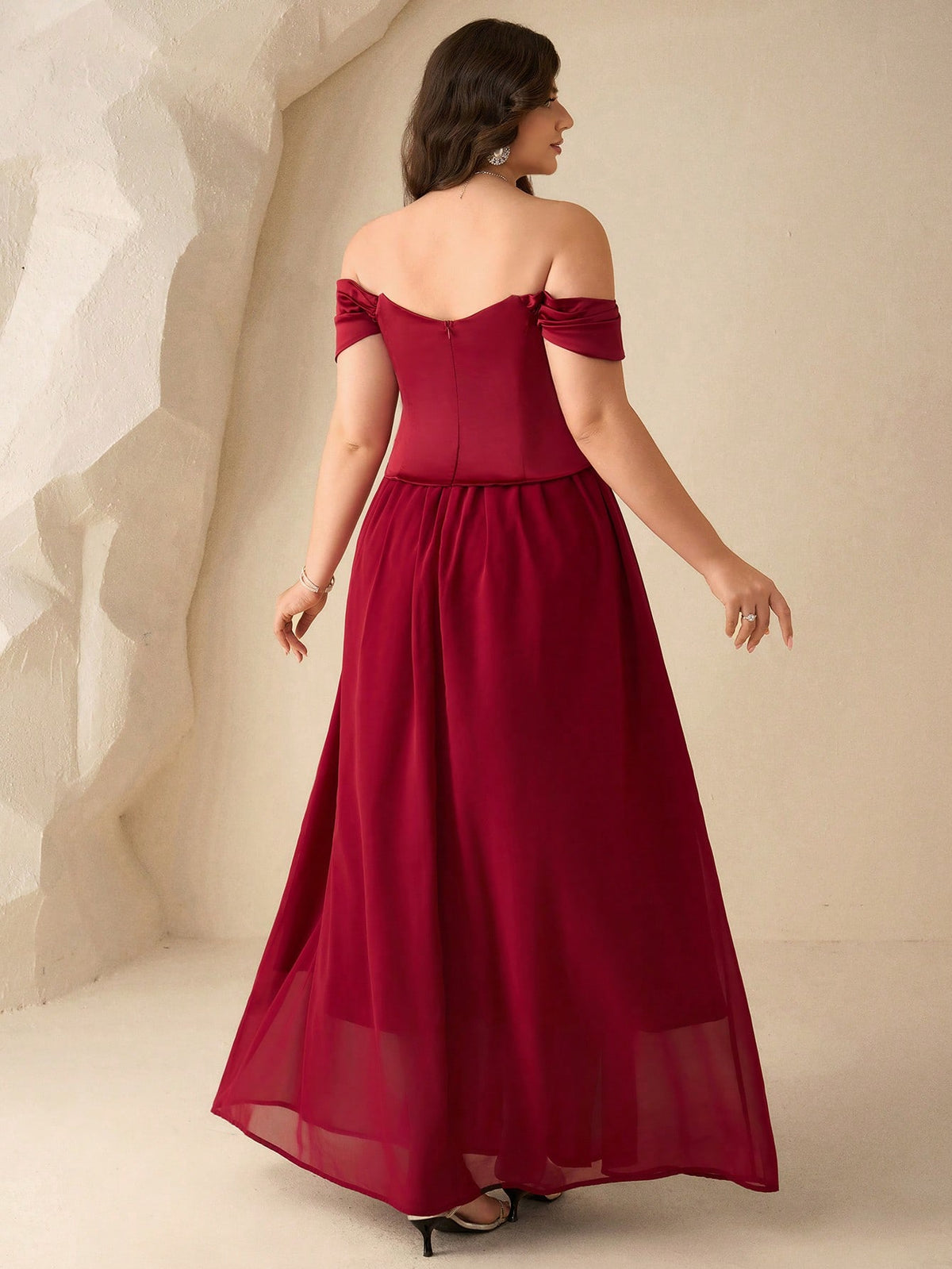 Coutiva Plus Size Women's Faux Pearl Decor Ruched Off-Shoulder Elegant Formal Evening Gown Dress