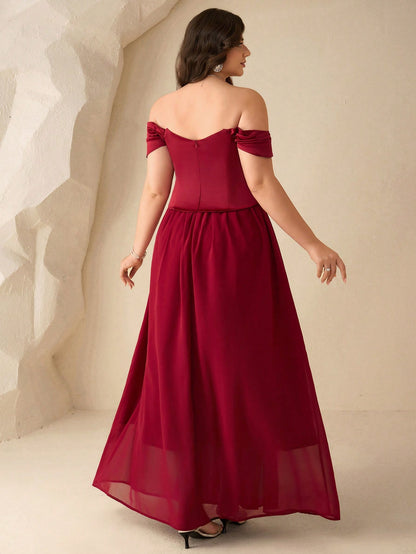 Coutiva Plus Size Women's Faux Pearl Decor Ruched Off-Shoulder Elegant Formal Evening Gown Dress