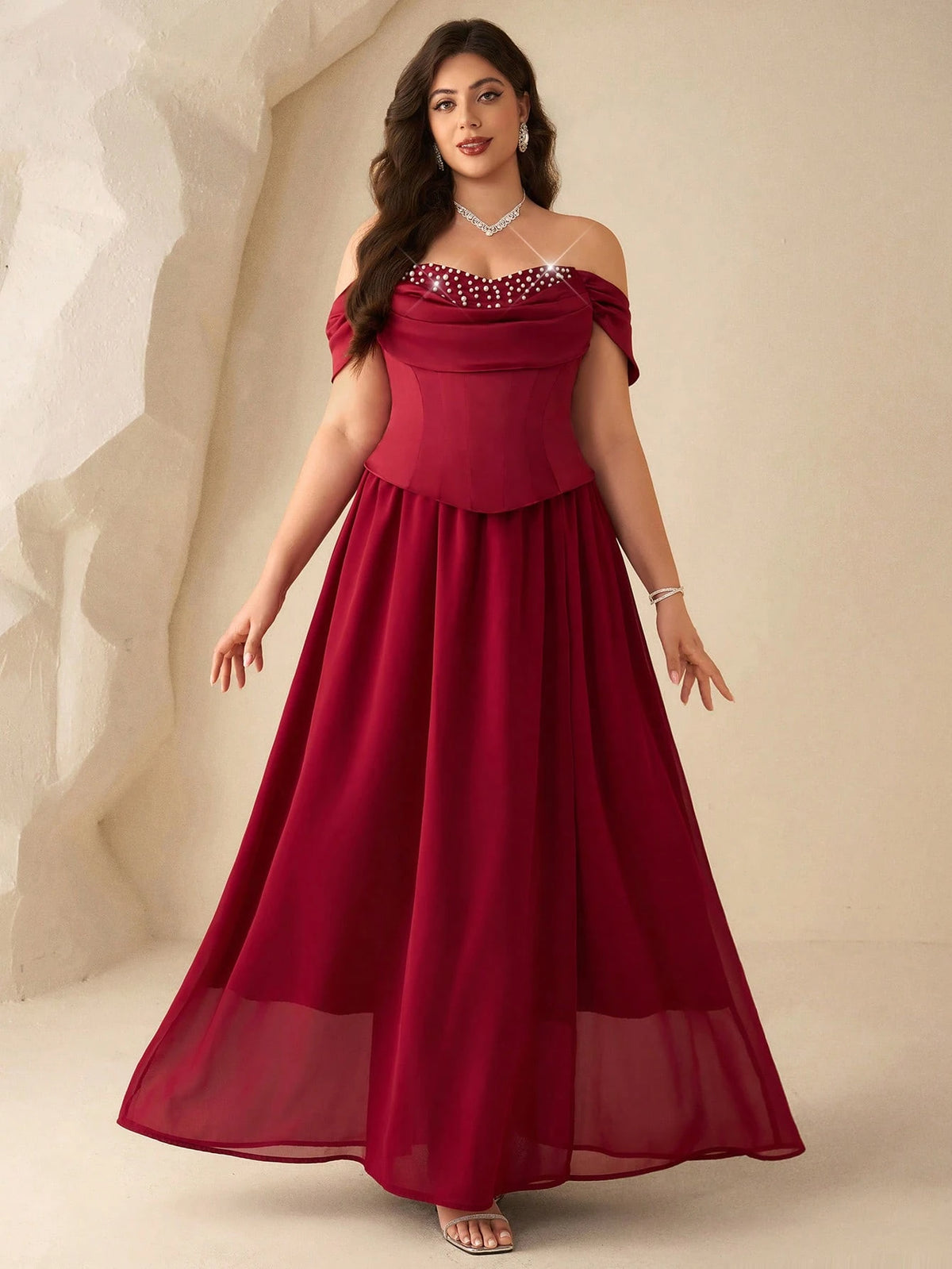 Coutiva Plus Size Women's Faux Pearl Decor Ruched Off-Shoulder Elegant Formal Evening Gown Dress