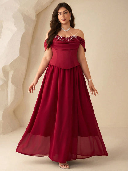 Coutiva Plus Size Women's Faux Pearl Decor Ruched Off-Shoulder Elegant Formal Evening Gown Dress