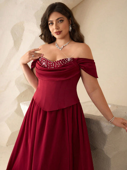 Coutiva Plus Size Women's Faux Pearl Decor Ruched Off-Shoulder Elegant Formal Evening Gown Dress