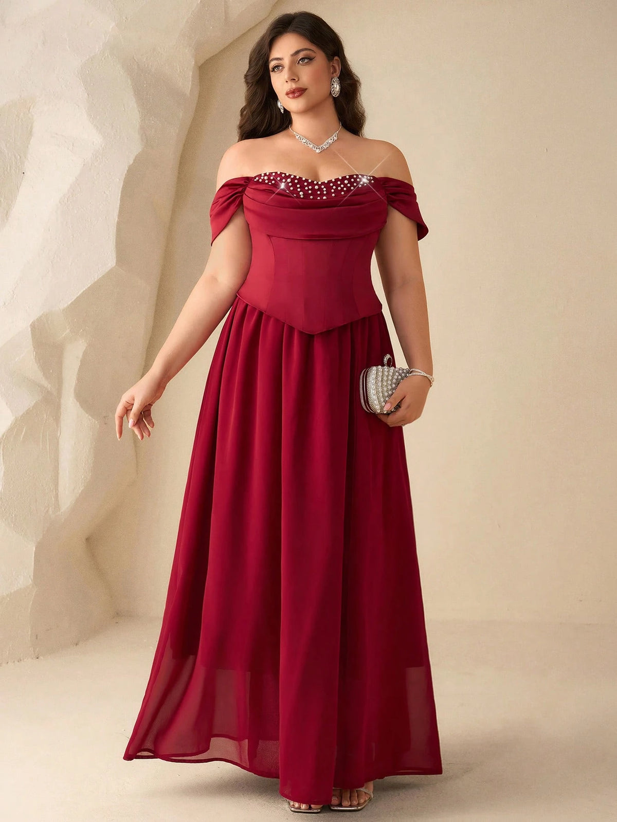 Coutiva Plus Size Women's Faux Pearl Decor Ruched Off-Shoulder Elegant Formal Evening Gown Dress