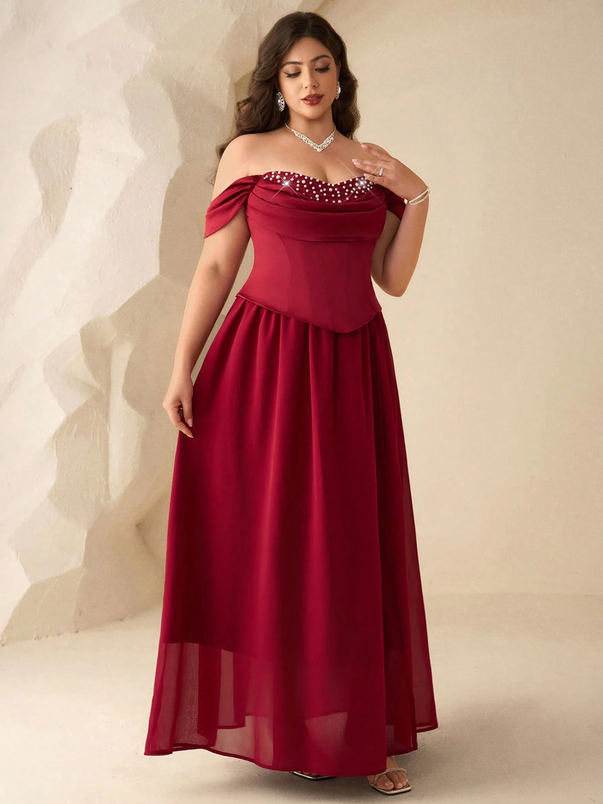 Coutiva Plus Size Women's Faux Pearl Decor Ruched Off-Shoulder Elegant Formal Evening Gown Dress