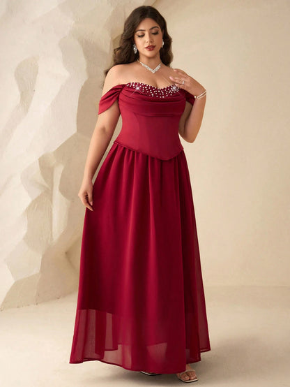Coutiva Plus Size Women's Faux Pearl Decor Ruched Off-Shoulder Elegant Formal Evening Gown Dress