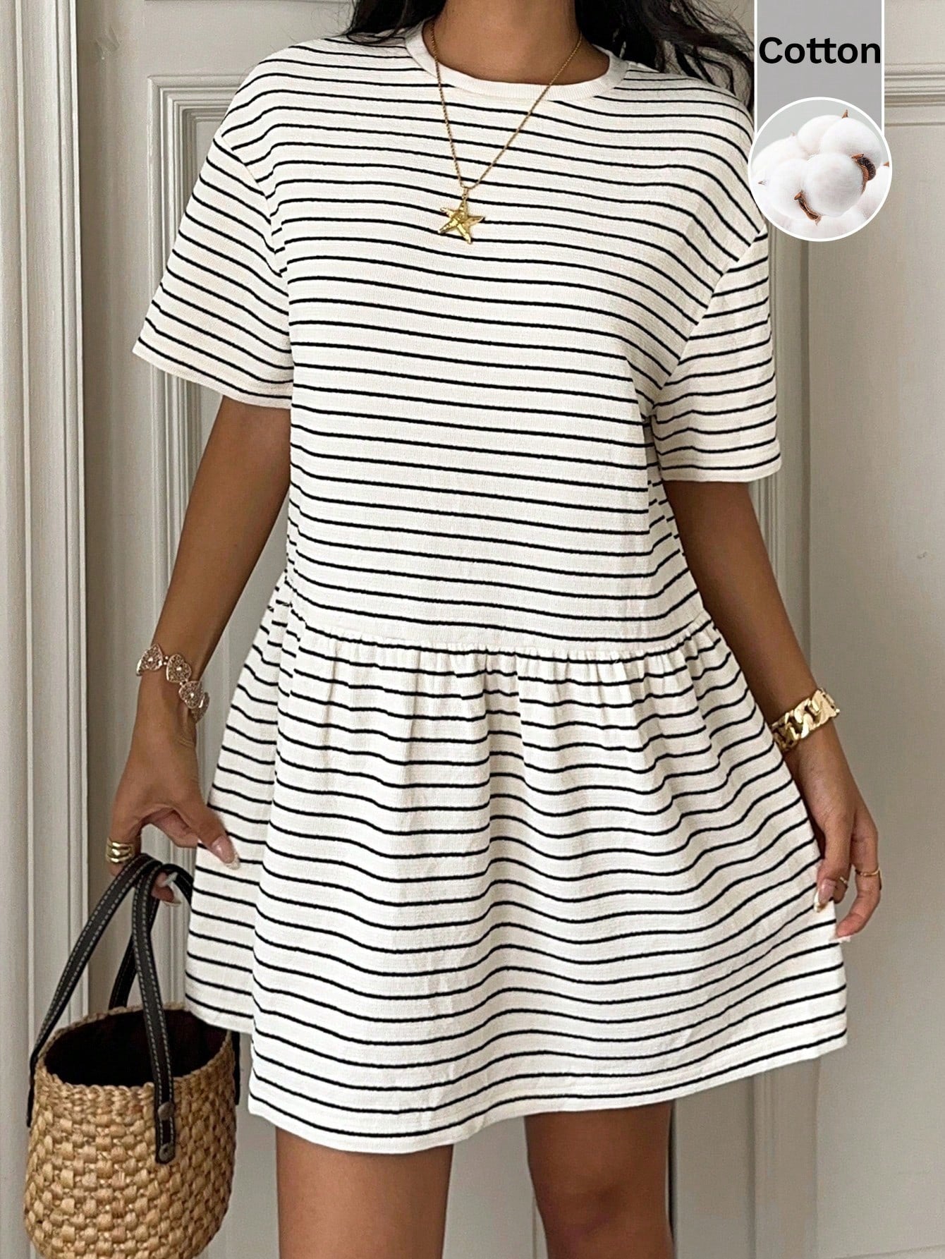 CovetEZ Cotton Clothes Country Concert Outfit Cute Striped Knit Women's Loose Fit Babydoll Dress,Short Sleeve,Black And White Checkered,Summer,Casual Coastal
