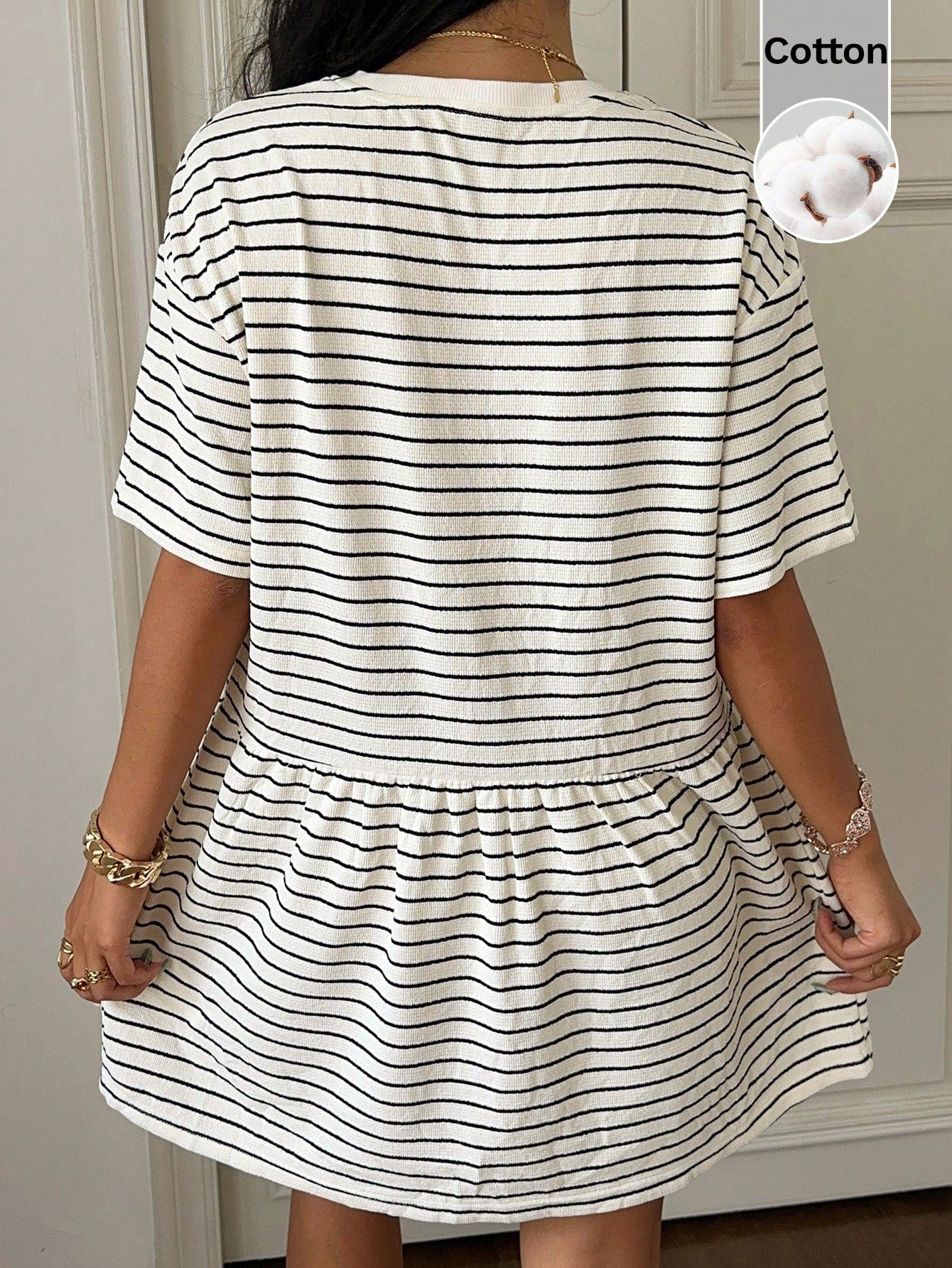 CovetEZ Cotton Clothes Country Concert Outfit Cute Striped Knit Women's Loose Fit Babydoll Dress,Short Sleeve,Black And White Checkered,Summer,Casual Coastal