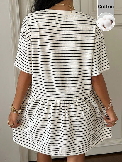 CovetEZ Cotton Clothes Country Concert Outfit Cute Striped Knit Women's Loose Fit Babydoll Dress,Short Sleeve,Black And White Checkered,Summer,Casual Coastal