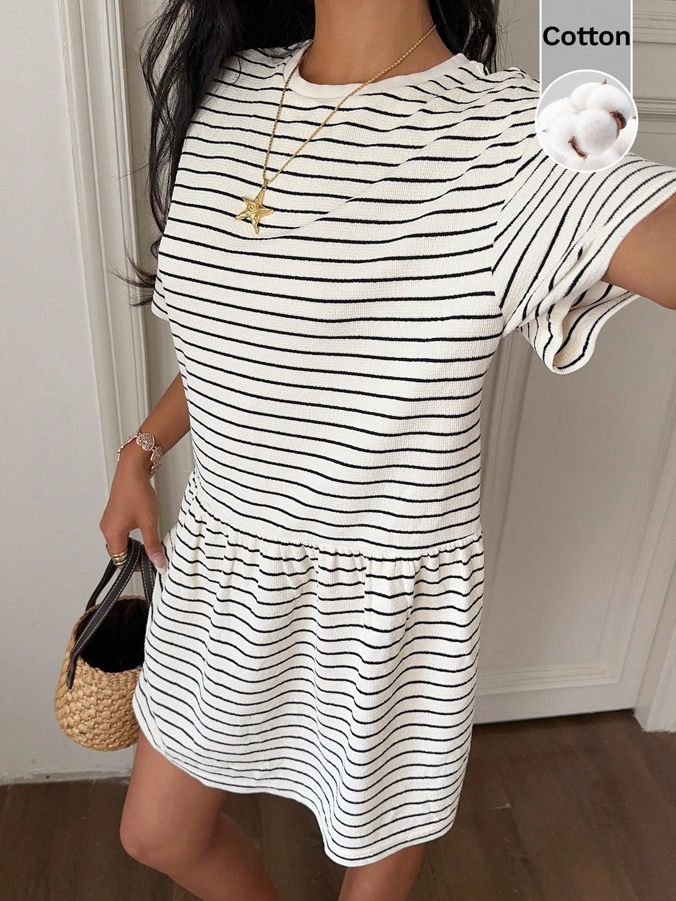 CovetEZ Cotton Clothes Country Concert Outfit Cute Striped Knit Women's Loose Fit Babydoll Dress,Short Sleeve,Black And White Checkered,Summer,Casual Coastal