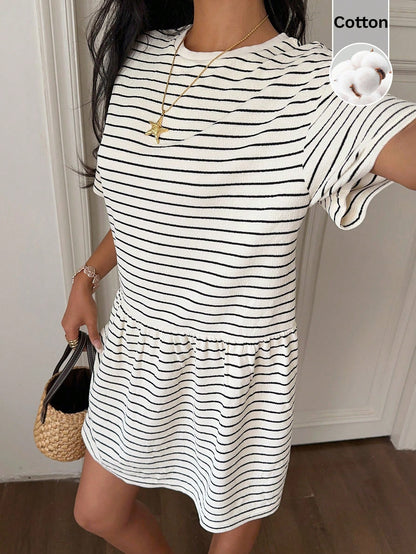 CovetEZ Cotton Clothes Country Concert Outfit Cute Striped Knit Women's Loose Fit Babydoll Dress,Short Sleeve,Black And White Checkered,Summer,Casual Coastal