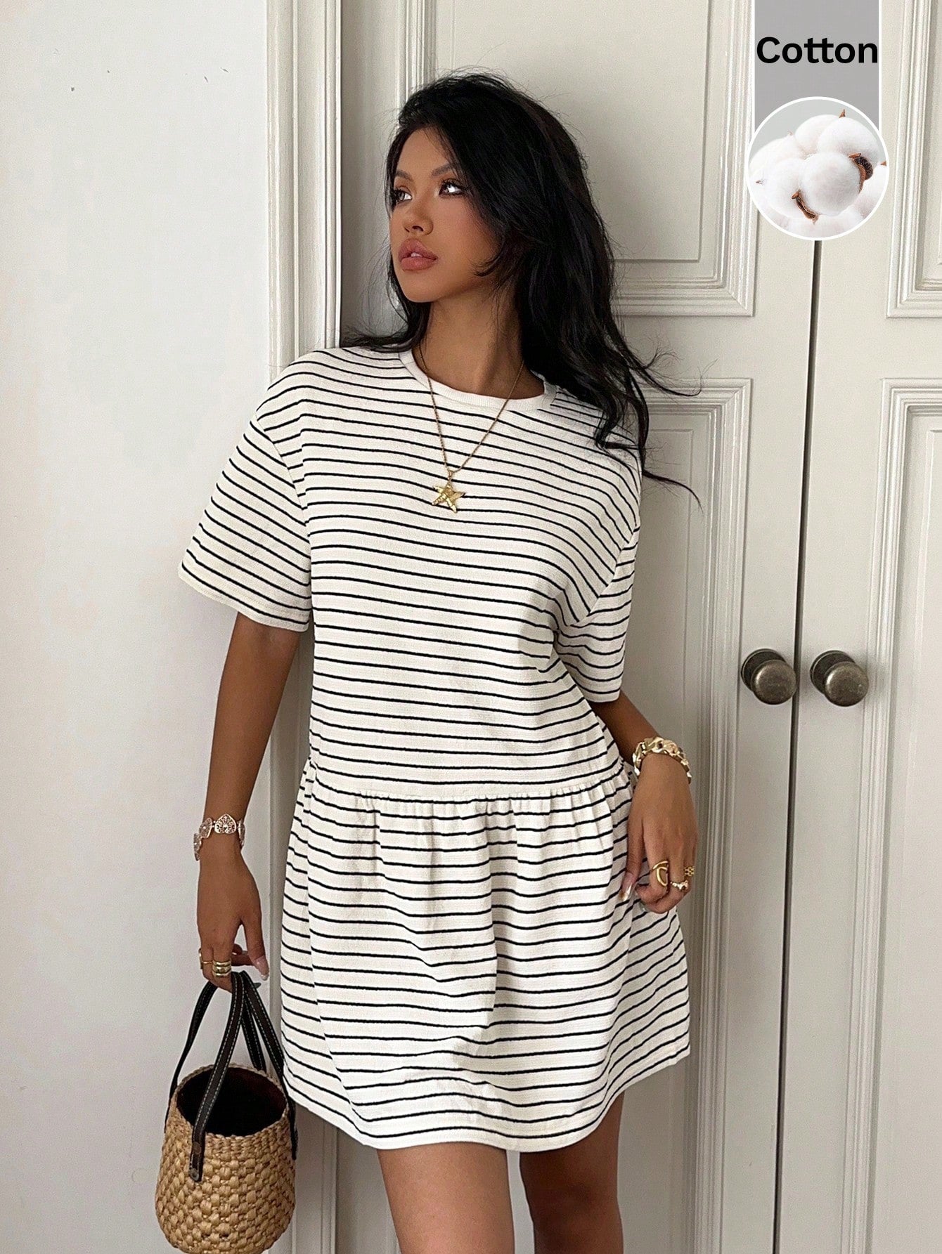 CovetEZ Cotton Clothes Country Concert Outfit Cute Striped Knit Women's Loose Fit Babydoll Dress,Short Sleeve,Black And White Checkered,Summer,Casual Coastal