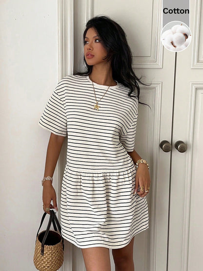 CovetEZ Cotton Clothes Country Concert Outfit Cute Striped Knit Women's Loose Fit Babydoll Dress,Short Sleeve,Black And White Checkered,Summer,Casual Coastal