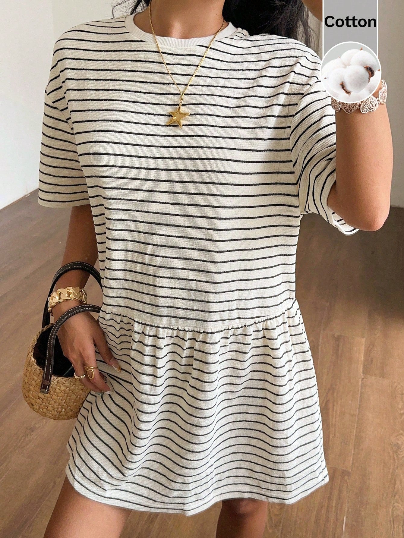 CovetEZ Cotton Clothes Country Concert Outfit Cute Striped Knit Women's Loose Fit Babydoll Dress,Short Sleeve,Black And White Checkered,Summer,Casual Coastal