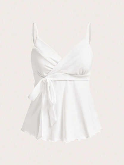 CovetEZ Women's Casual White Knit Tank Top, Spring/Summer Elegant Cami Babydoll Women Spaghetti Strap Tie Front