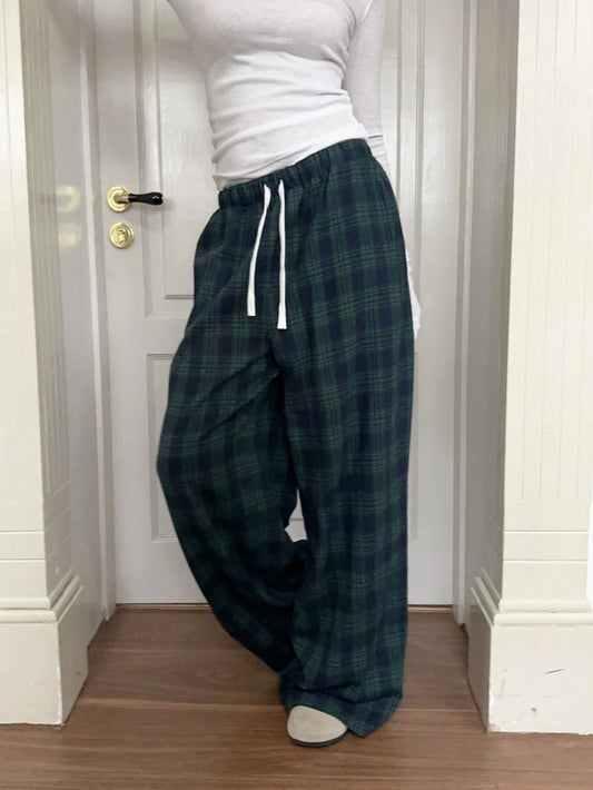 CovetEZ Women's Plaid Colorblock Blue & Green Loose Wide Leg Long Pants, Suitable For Autumn/Winter