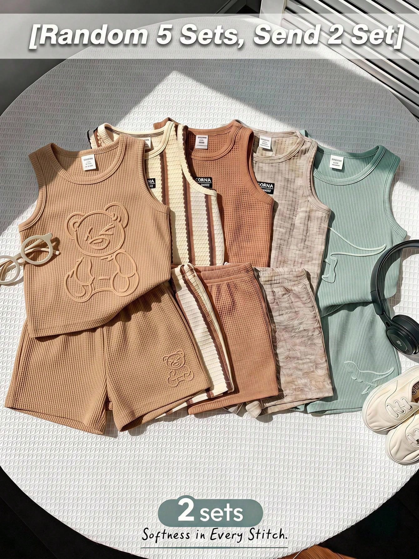 Cozy Pixies Baby Boy Baby Girl Textured Embossed Cute Animal Pattern Loose Tank Top Casual Sports Shorts Set 2 Sets