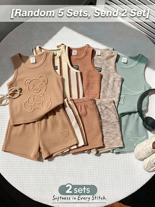 Cozy Pixies Baby Boy Baby Girl Textured Embossed Cute Animal Pattern Loose Tank Top Casual Sports Shorts Set 2 Sets