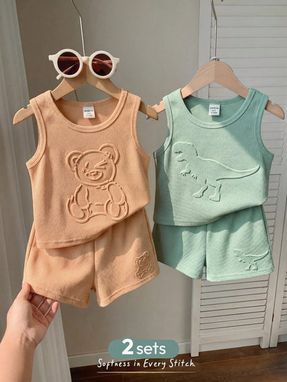 Cozy Pixies Baby Boy Baby Girl Textured Embossed Cute Animal Pattern Loose Tank Top Casual Sports Shorts Set 2 Sets